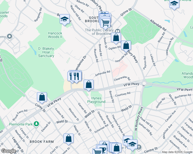 map of restaurants, bars, coffee shops, grocery stores, and more near 93 Asheville Road in Brookline