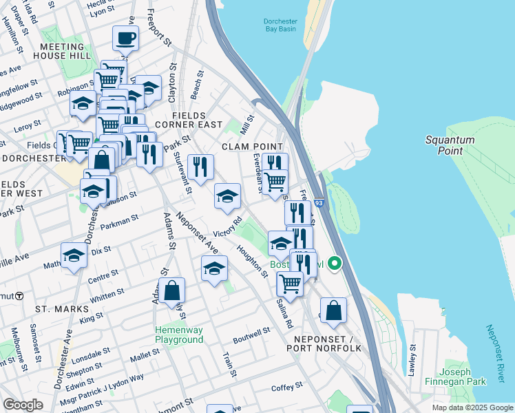 map of restaurants, bars, coffee shops, grocery stores, and more near 106 Victory Road in Boston