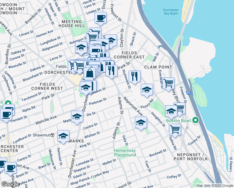 map of restaurants, bars, coffee shops, grocery stores, and more near 3 Neponset Avenue in Boston
