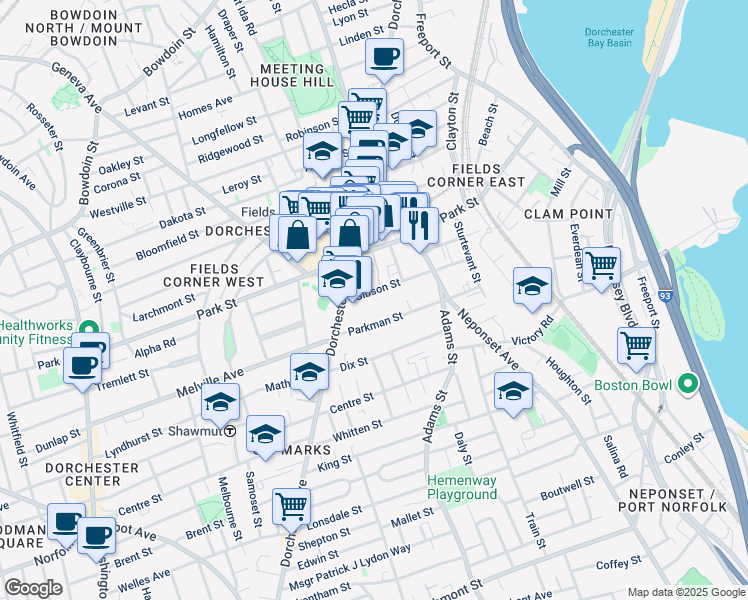 map of restaurants, bars, coffee shops, grocery stores, and more near 24 Parkman Street in Boston