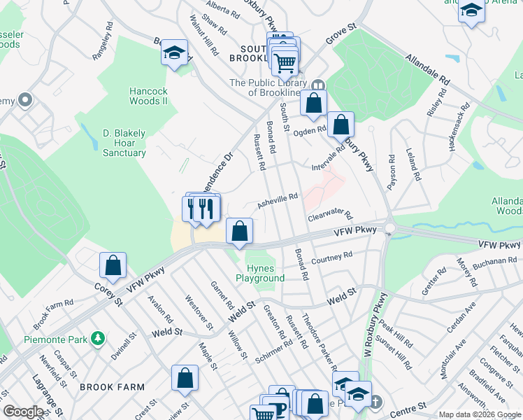 map of restaurants, bars, coffee shops, grocery stores, and more near 93 Asheville Road in Brookline