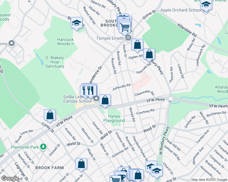 map of restaurants, bars, coffee shops, grocery stores, and more near 93 Asheville Road in Brookline