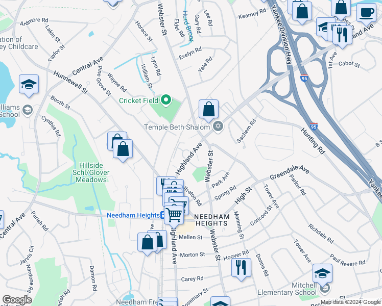 map of restaurants, bars, coffee shops, grocery stores, and more near 740 Highland Avenue in Needham