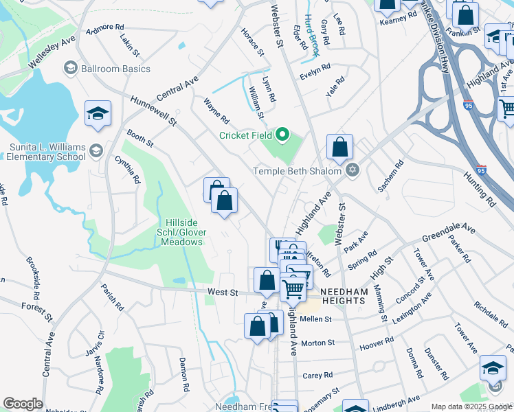 map of restaurants, bars, coffee shops, grocery stores, and more near 349 Hunnewell Street in Needham