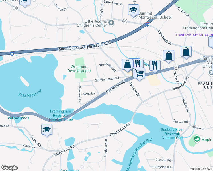 map of restaurants, bars, coffee shops, grocery stores, and more near 1323 Worcester Road in Framingham