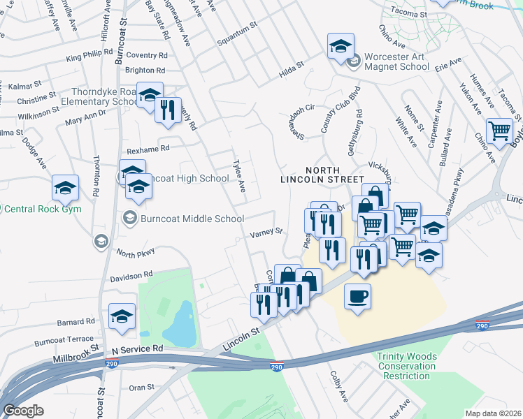 map of restaurants, bars, coffee shops, grocery stores, and more near 14 Whitten Street in Worcester