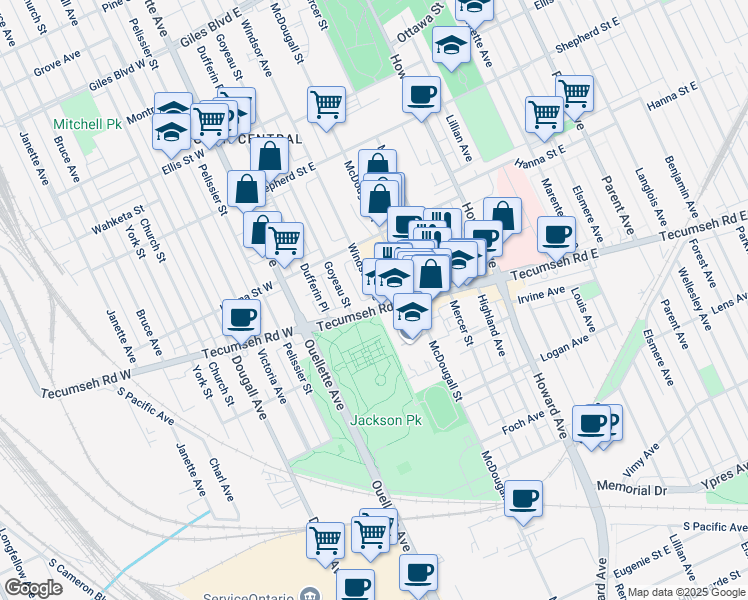 map of restaurants, bars, coffee shops, grocery stores, and more near in Windsor