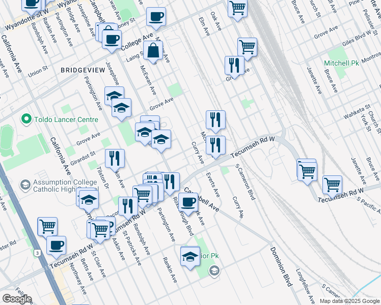 map of restaurants, bars, coffee shops, grocery stores, and more near 1330 McEwan Avenue in Windsor