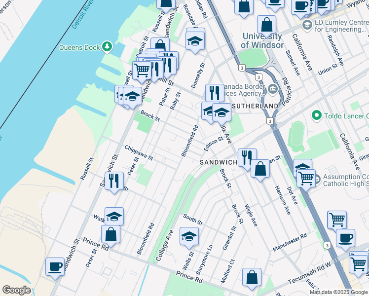 map of restaurants, bars, coffee shops, grocery stores, and more near 692 Saint Joseph Street in Windsor