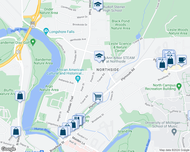 map of restaurants, bars, coffee shops, grocery stores, and more near 1606 Peach Street in Ann Arbor