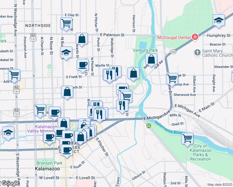 map of restaurants, bars, coffee shops, grocery stores, and more near 511 East Ransom Street in Kalamazoo