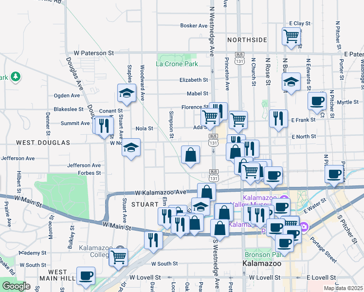 map of restaurants, bars, coffee shops, grocery stores, and more near 636 West Ransom Street in Kalamazoo