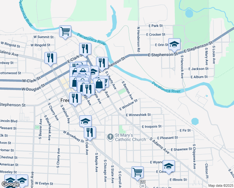 map of restaurants, bars, coffee shops, grocery stores, and more near 314-316 North Liberty Avenue in Freeport