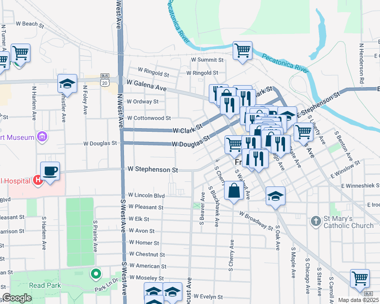 map of restaurants, bars, coffee shops, grocery stores, and more near 440 West Exchange Street in Freeport