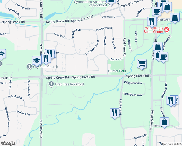 map of restaurants, bars, coffee shops, grocery stores, and more near 6421 Burberry Drive in Rockford