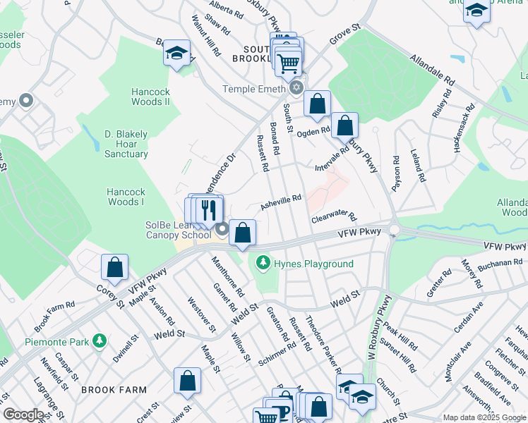map of restaurants, bars, coffee shops, grocery stores, and more near 93 Asheville Road in Brookline