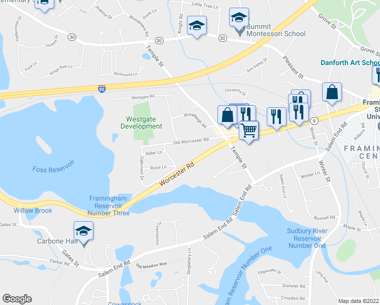 map of restaurants, bars, coffee shops, grocery stores, and more near 1323 Worcester Road in Framingham