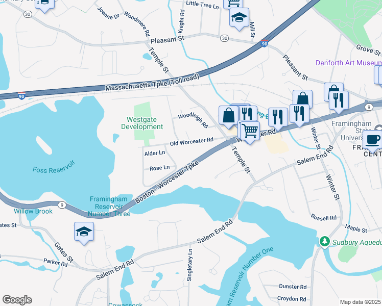 map of restaurants, bars, coffee shops, grocery stores, and more near 1323 Worcester Road in Framingham