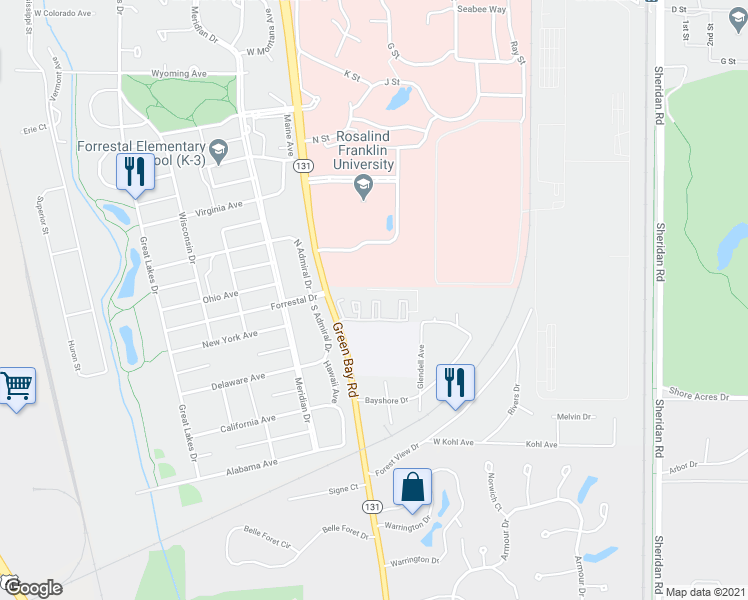 map of restaurants, bars, coffee shops, grocery stores, and more near 3500 North Green Bay Road in North Chicago