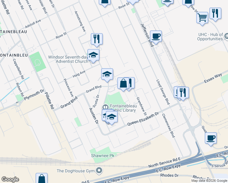 map of restaurants, bars, coffee shops, grocery stores, and more near 2922 Rivard Avenue in Windsor