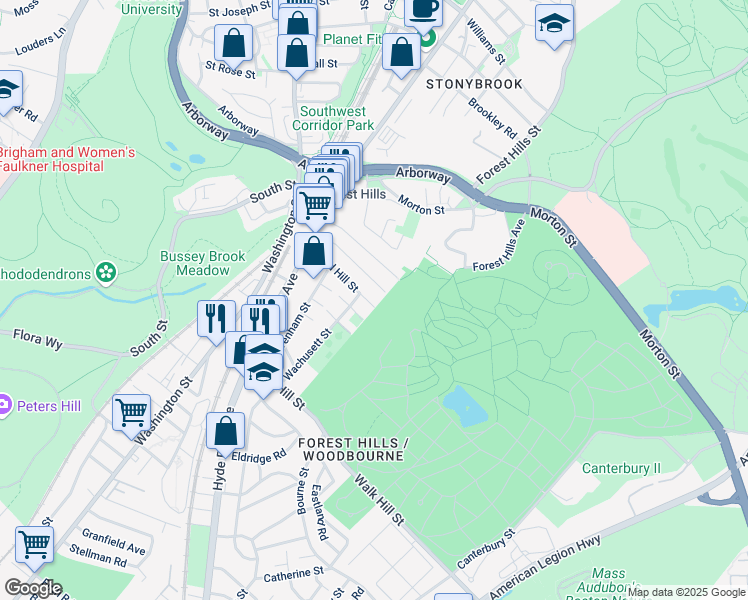 map of restaurants, bars, coffee shops, grocery stores, and more near 74 Weld Hill Street in Boston
