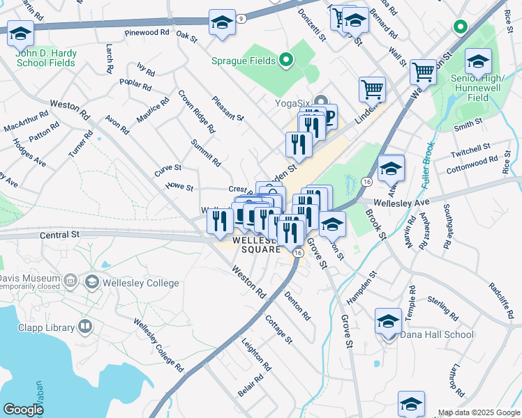 map of restaurants, bars, coffee shops, grocery stores, and more near 97 Linden Street in Wellesley