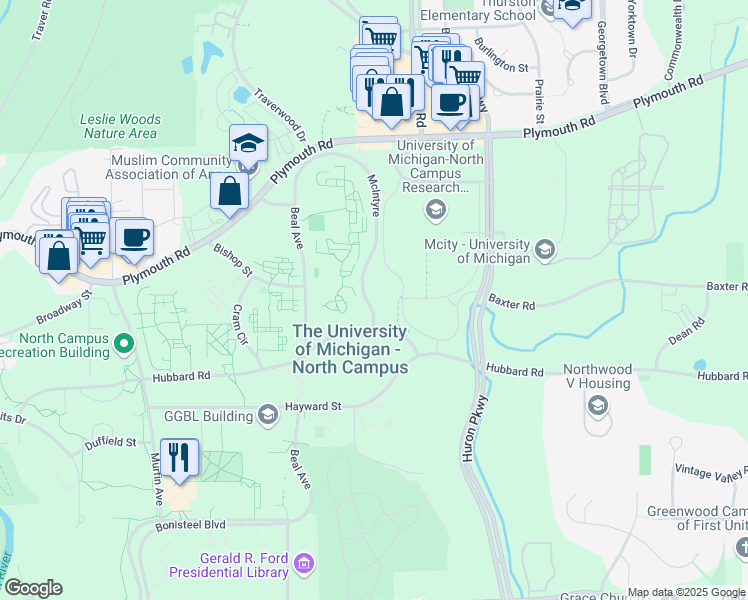 map of restaurants, bars, coffee shops, grocery stores, and more near 1000 McIntyre Drive in Ann Arbor