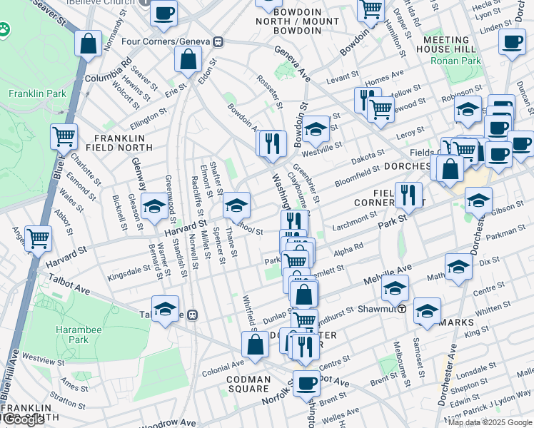 map of restaurants, bars, coffee shops, grocery stores, and more near 23 Bradlee Street in Boston
