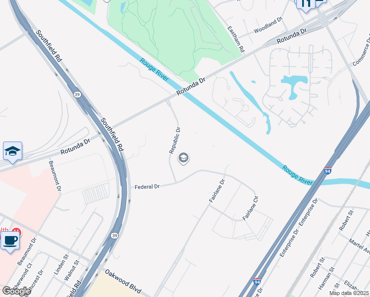 map of restaurants, bars, coffee shops, grocery stores, and more near 555 Republic Drive in Allen Park