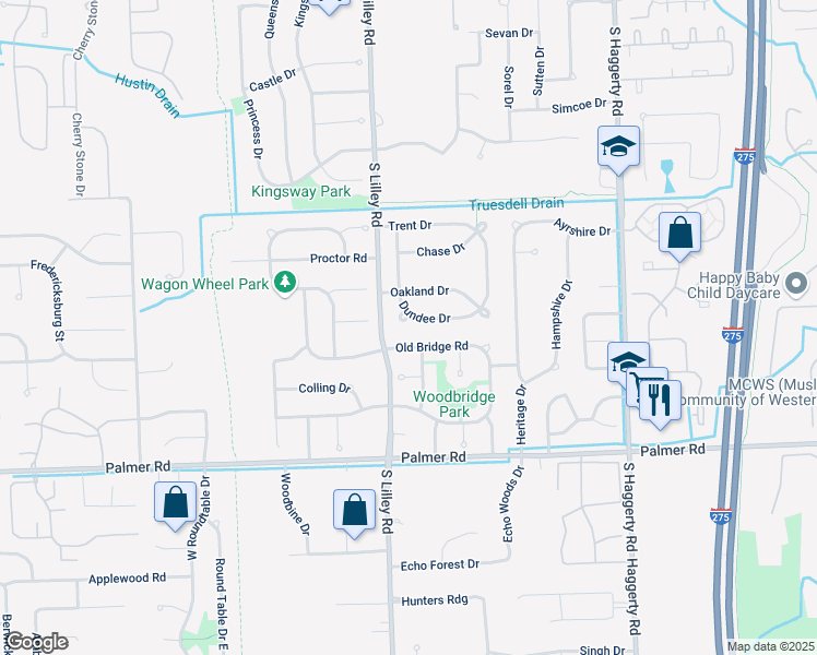 map of restaurants, bars, coffee shops, grocery stores, and more near 42086 Old Bridge Road in Canton