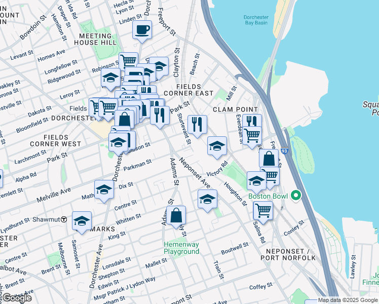 map of restaurants, bars, coffee shops, grocery stores, and more near 7 Saco Street in Boston