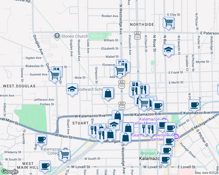 map of restaurants, bars, coffee shops, grocery stores, and more near 608 West Ransom Street in Kalamazoo