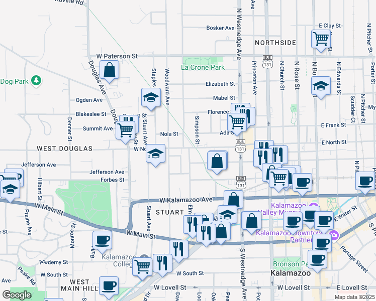 map of restaurants, bars, coffee shops, grocery stores, and more near 609 Elm Street in Kalamazoo