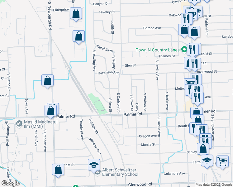 map of restaurants, bars, coffee shops, grocery stores, and more near 1536 South Carlson Street in Westland
