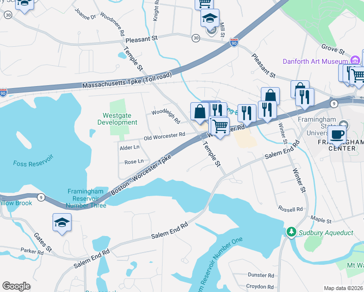 map of restaurants, bars, coffee shops, grocery stores, and more near 1296 Worcester Road in Framingham