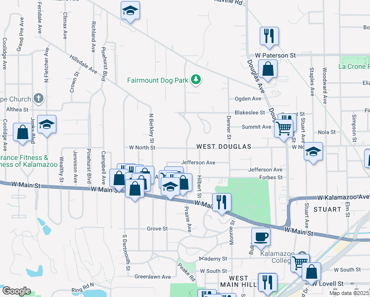 map of restaurants, bars, coffee shops, grocery stores, and more near 1533 West North Street in Kalamazoo