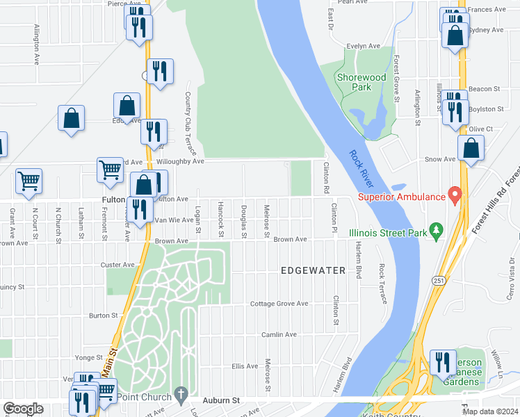 map of restaurants, bars, coffee shops, grocery stores, and more near 2306 Melrose Street in Rockford