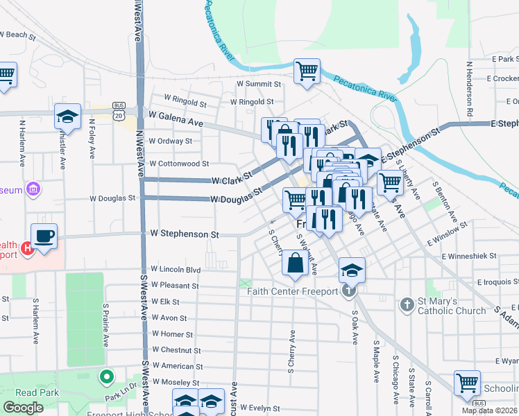 map of restaurants, bars, coffee shops, grocery stores, and more near 6 North Cherry Avenue in Freeport