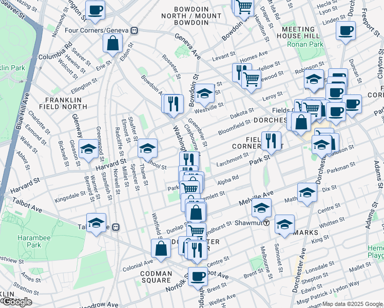 map of restaurants, bars, coffee shops, grocery stores, and more near 101 Claybourne Street in Boston