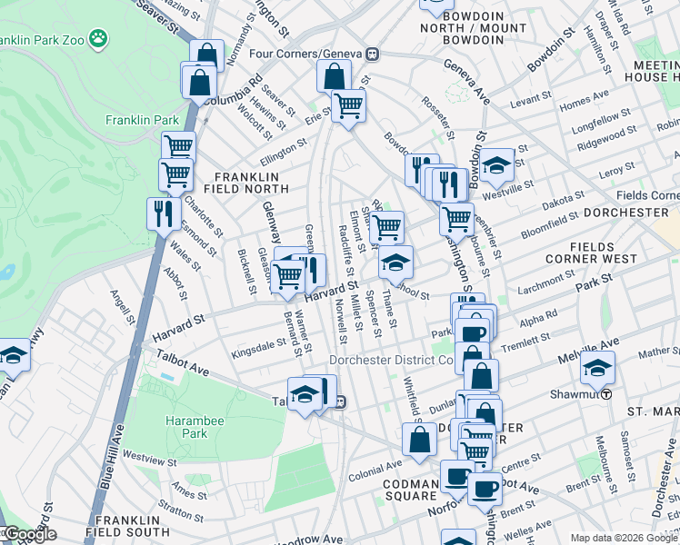 map of restaurants, bars, coffee shops, grocery stores, and more near 144 Norwell Street in Boston
