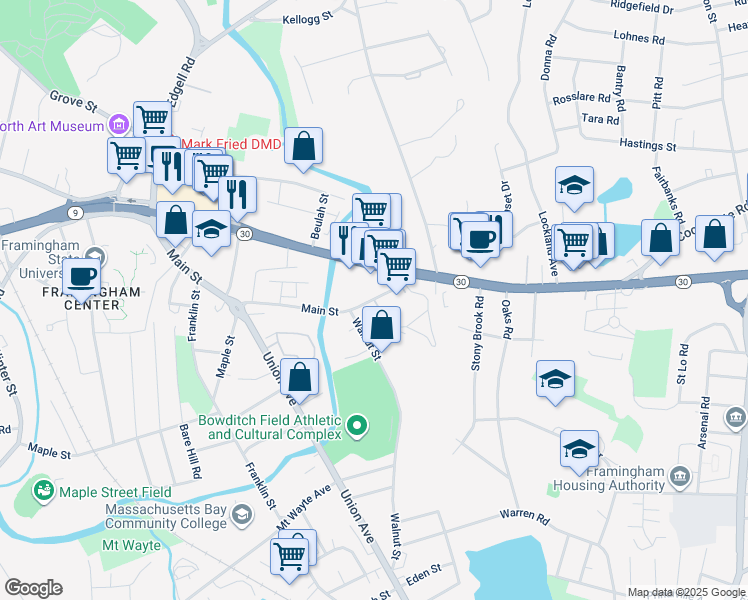 map of restaurants, bars, coffee shops, grocery stores, and more near 1 Georgetown Drive in Framingham