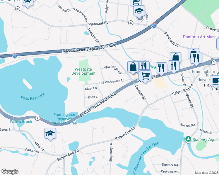 map of restaurants, bars, coffee shops, grocery stores, and more near 1325 Worcester Road in Framingham