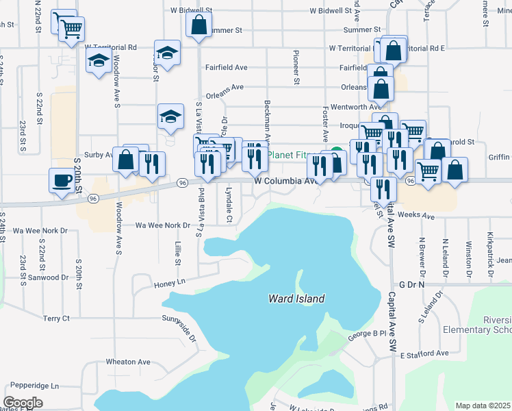 map of restaurants, bars, coffee shops, grocery stores, and more near 115 Wa Wee Nork Drive in Battle Creek
