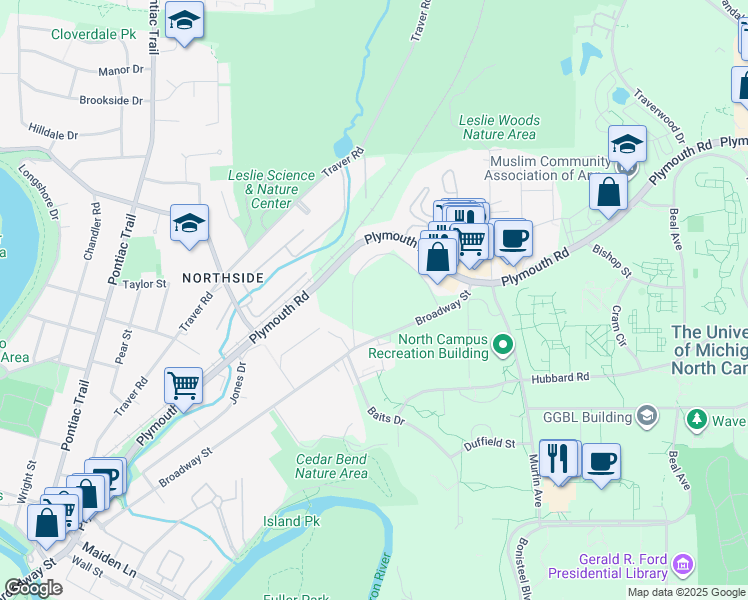 map of restaurants, bars, coffee shops, grocery stores, and more near 1687 Broadway Street in Ann Arbor