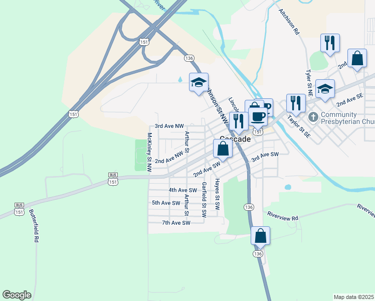 map of restaurants, bars, coffee shops, grocery stores, and more near 199 Arthur Street Southwest in Cascade
