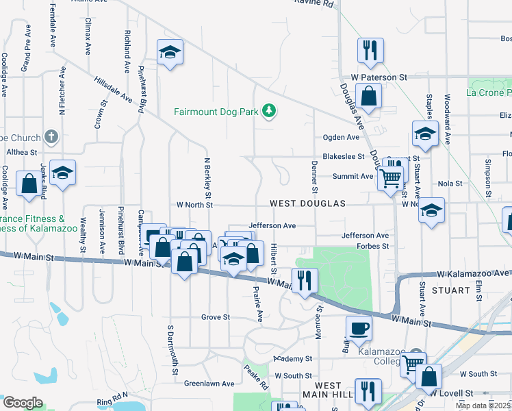 map of restaurants, bars, coffee shops, grocery stores, and more near 700 Prairie Avenue in Kalamazoo