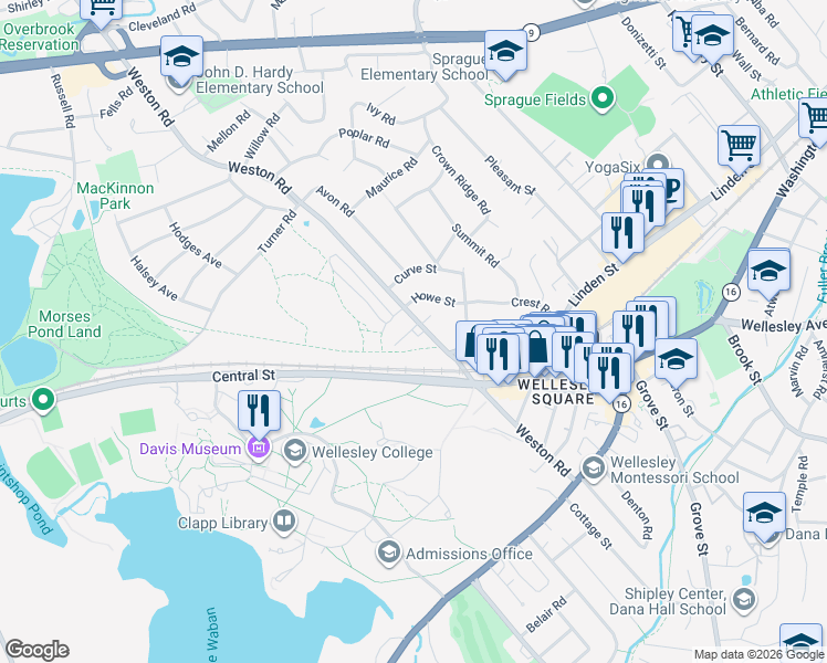 map of restaurants, bars, coffee shops, grocery stores, and more near 140 Weston Road in Wellesley