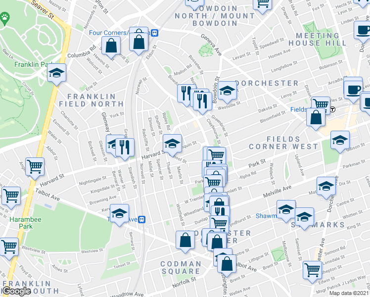 map of restaurants, bars, coffee shops, grocery stores, and more near 32 Bradlee Street in Boston