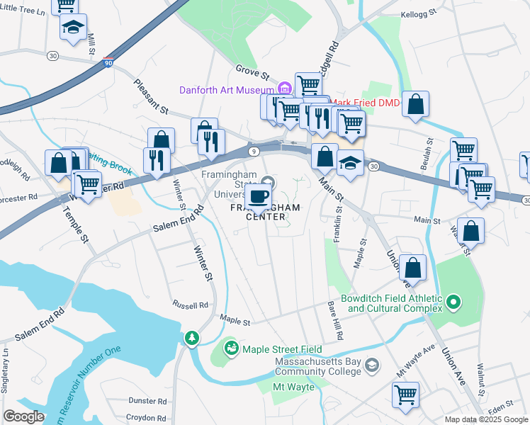 map of restaurants, bars, coffee shops, grocery stores, and more near in Framingham