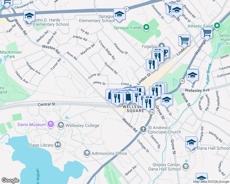 map of restaurants, bars, coffee shops, grocery stores, and more near 32 Linden Street in Wellesley